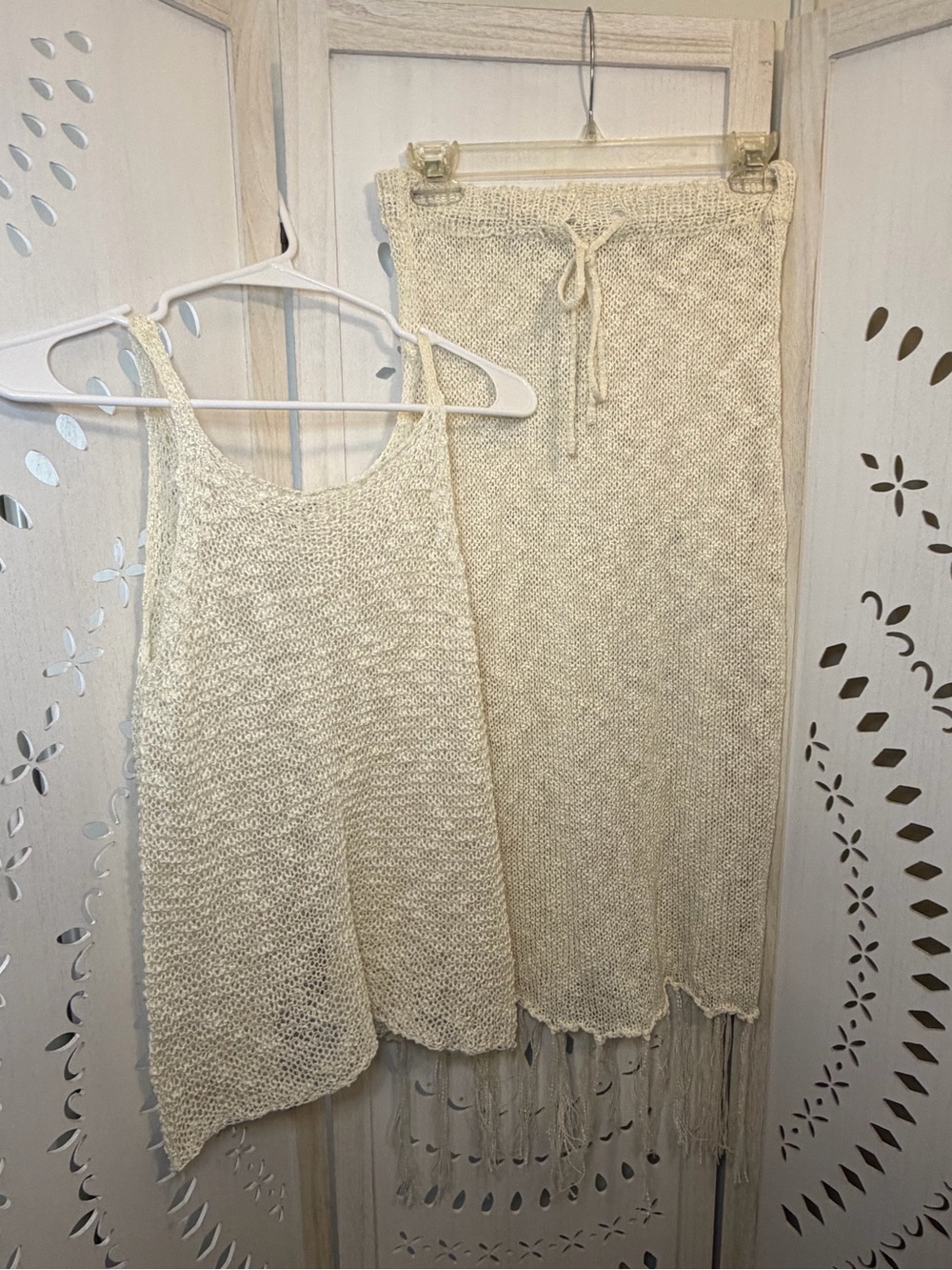Bohemian Cream Knit Fringe Maxi Skirt and Top Set